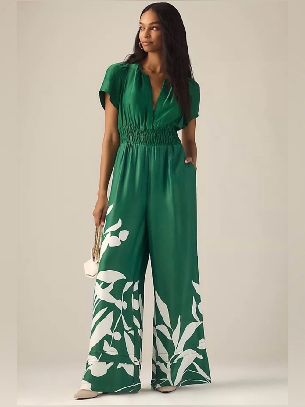 Anthropologie‎ Somerset Jumpsuit Green Satin Floral Size Medium